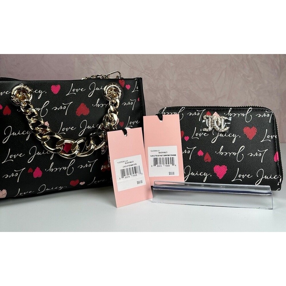Juicy Couture Love Letter Mini Tote Purse & Wallet Set Black NWT Y2K Style - Picture 10 of 15